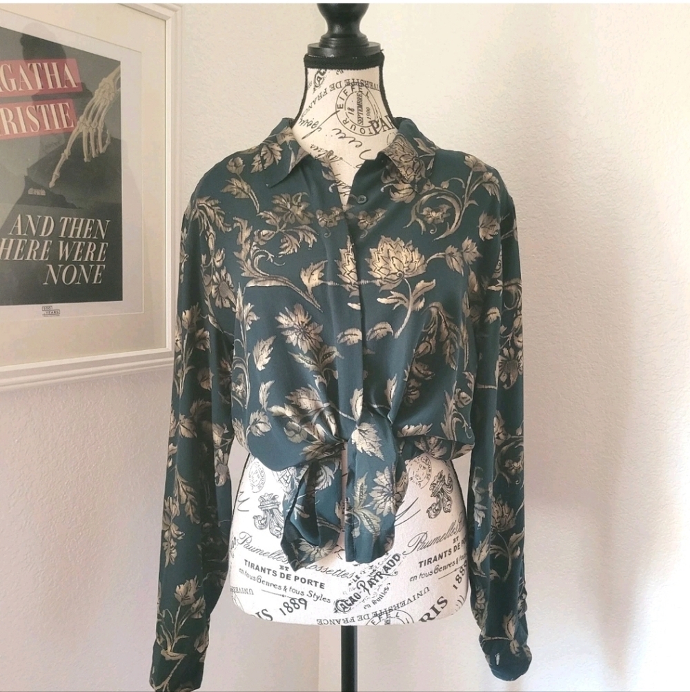 Vintage 100% Silk Dark Green Floral Blouse Jones New York Size 6